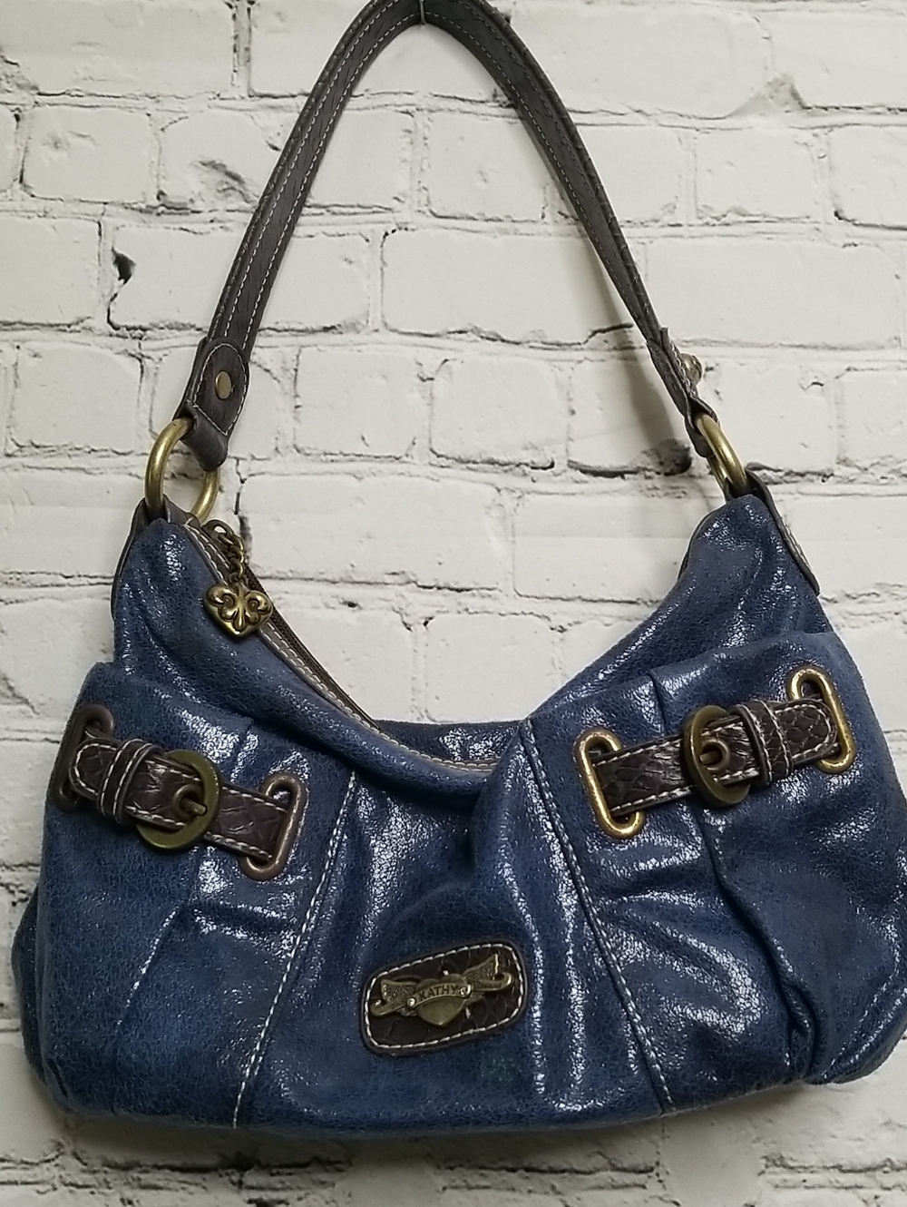 Kathy Van Zeeland Vintage Purse blue/black w/ original "KATHY" charm GUC